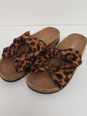 SHEIN Leopard Bow Cork-Platform Slide Sandals - Brown